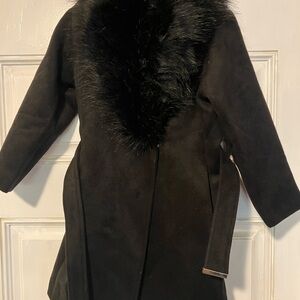 Black Faux Fur Collar Wool-Blend Women's Coat